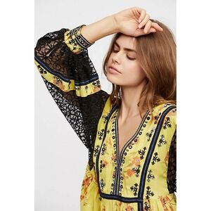 Free People Boogie All Night Embellished Floral Blouse M Lace Balloon Sleeve
